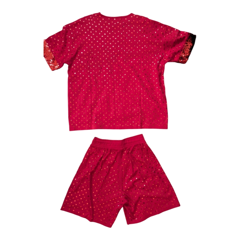 Vintage Gantos Red Sequin Cotton T-shirt & Pull-On Shorts Set Women's Vtg Large
